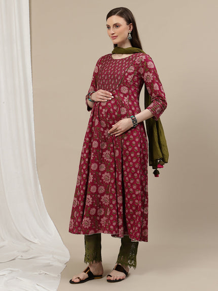 Maternity Cotton Anarkali Kurta + Dupatta