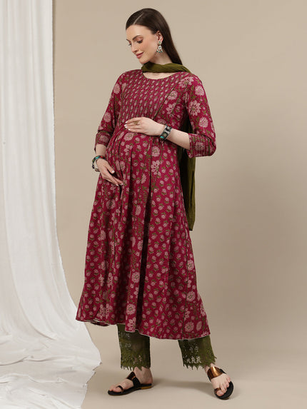 Maternity Cotton Anarkali Kurta + Dupatta