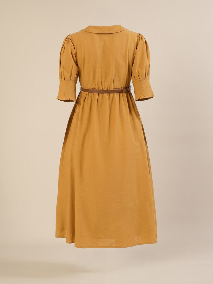 Maternity & Nursing Linen Cotton Mustard Midi Dress