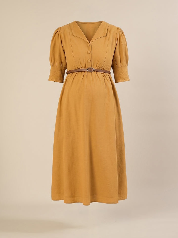 Maternity & Nursing Linen Cotton Mustard Midi Dress