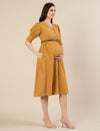 Maternity & Nursing Linen Cotton Mustard Midi Dress
