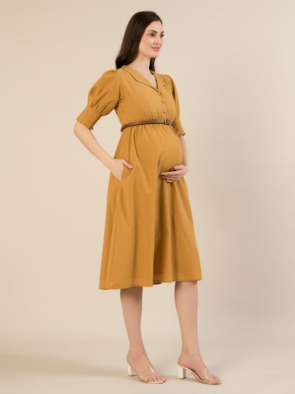 Maternity & Nursing Linen Cotton Mustard Midi Dress