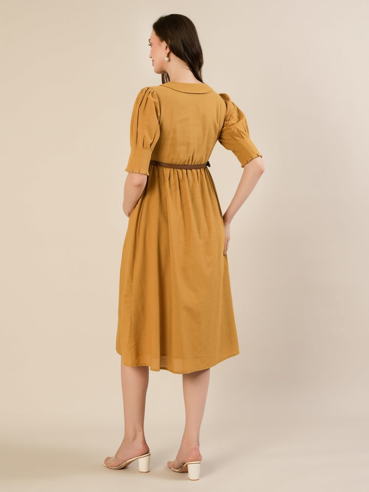 Maternity & Nursing Linen Cotton Mustard Midi Dress
