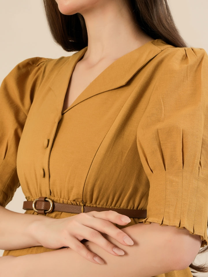 Maternity & Nursing Linen Cotton Mustard Midi Dress