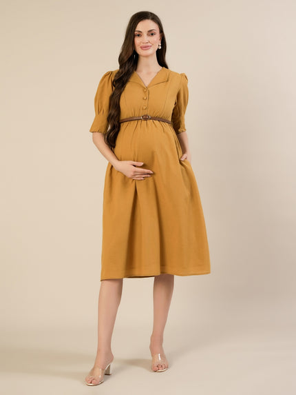 Maternity & Nursing Linen Cotton Mustard Midi Dress