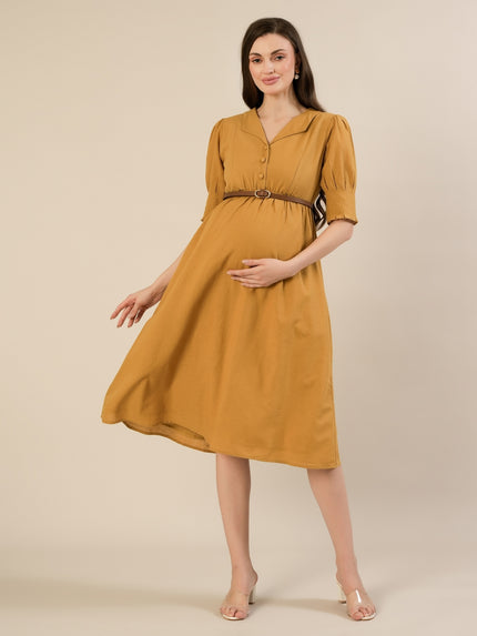 Maternity & Nursing Linen Cotton Mustard Midi Dress