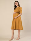 Maternity & Nursing Linen Cotton Mustard Midi Dress