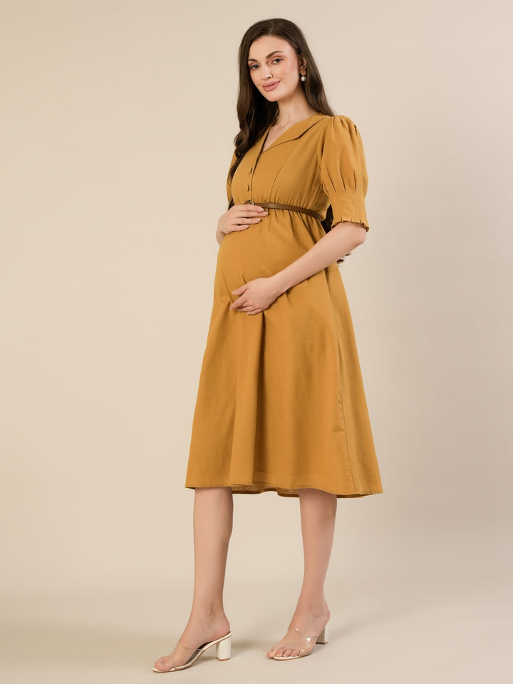 Maternity & Nursing Linen Cotton Mustard Midi Dress