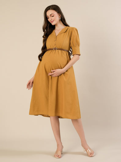 Maternity & Nursing Linen Cotton Mustard Midi Dress