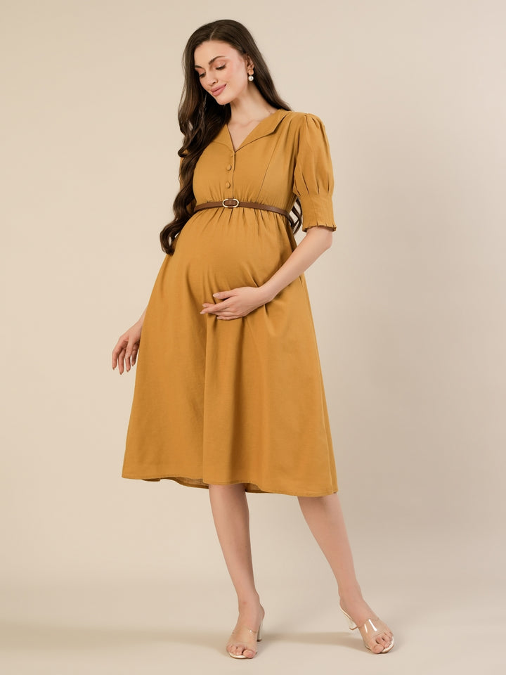 Maternity & Nursing Linen Cotton Mustard Midi Dress