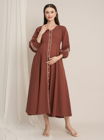 Rust Maternity Linen A-Line Midi Dress
