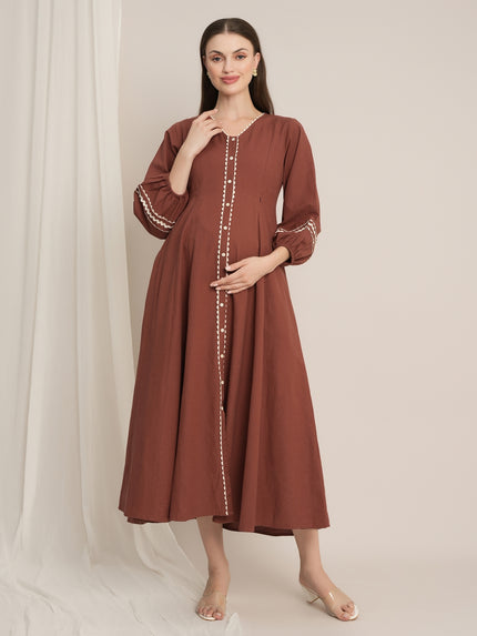 Rust Maternity Linen A-Line Midi Dress