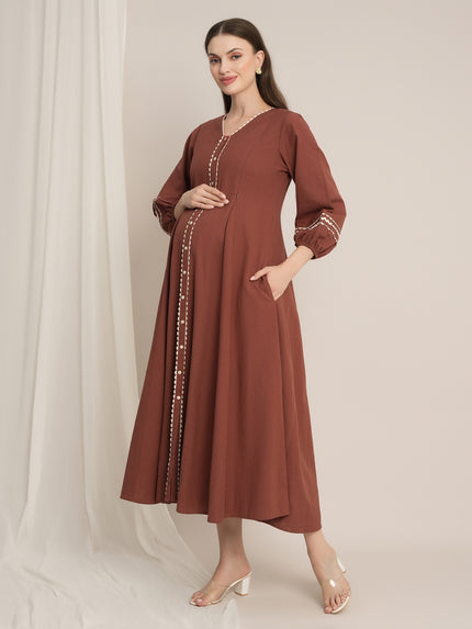 Rust Maternity Linen A-Line Midi Dress