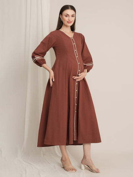 Rust Maternity Linen A-Line Midi Dress