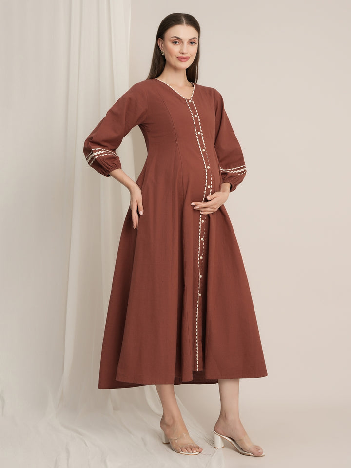 Rust Maternity Linen A-Line Midi Dress
