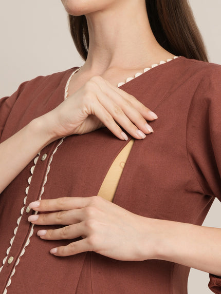 Rust Maternity Linen A-Line Midi Dress
