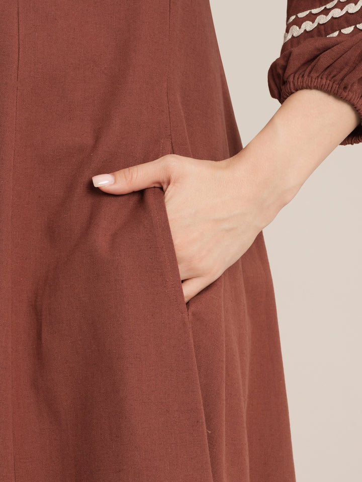 Rust Maternity Linen A-Line Midi Dress