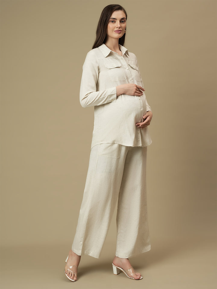 Maternity Linen Shirt with Wide-leg Pants Co-ord Set