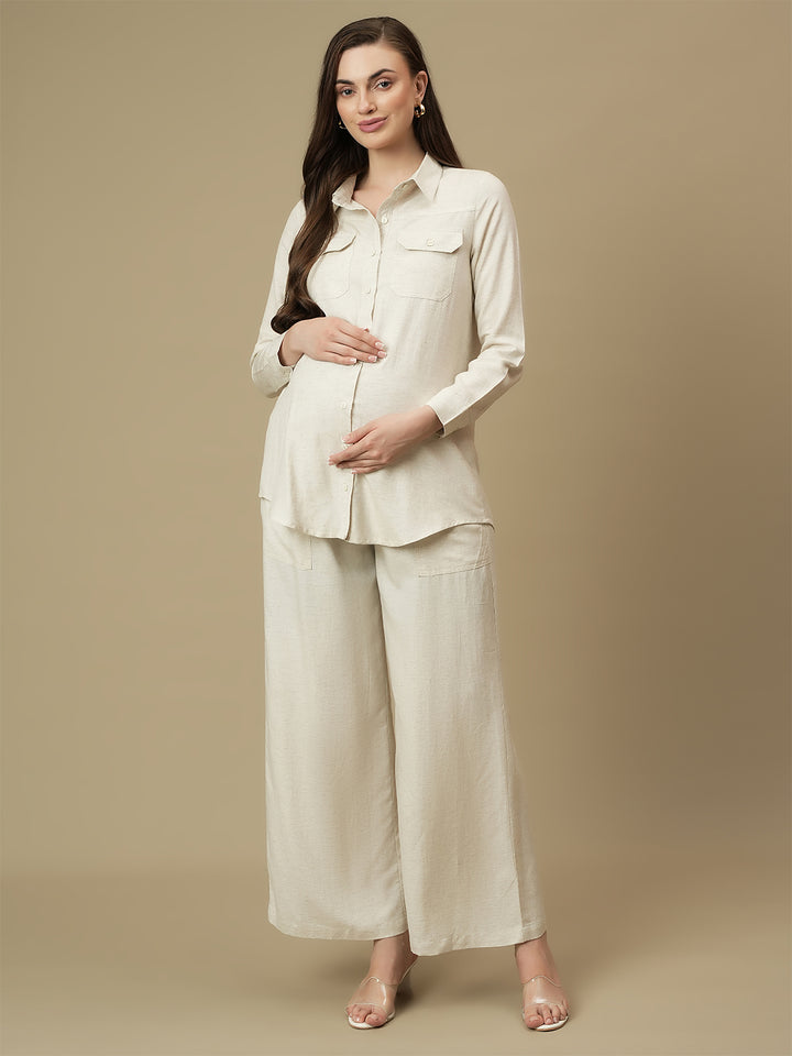 Maternity Linen Shirt with Wide-leg Pants Co-ord Set