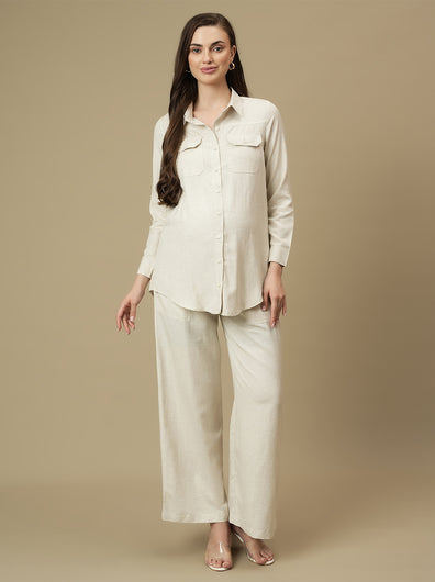 Maternity Linen Shirt with Wide-leg Pants Co-ord Set