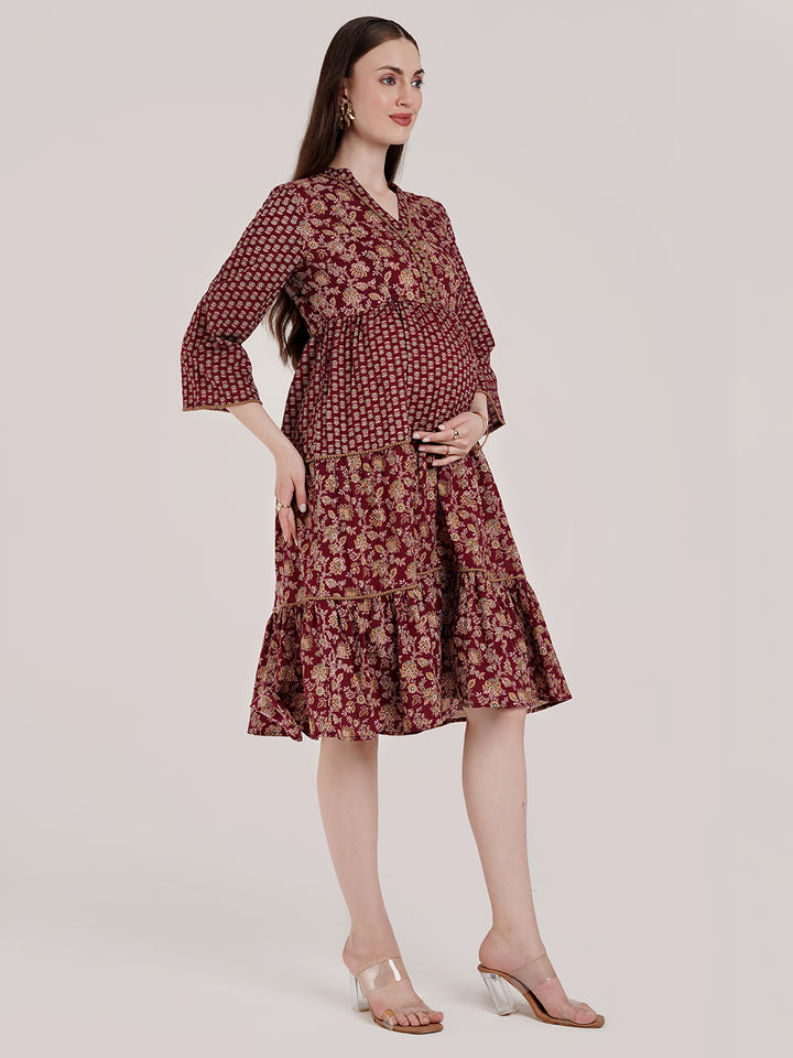Maternity Maroon Floral Dress