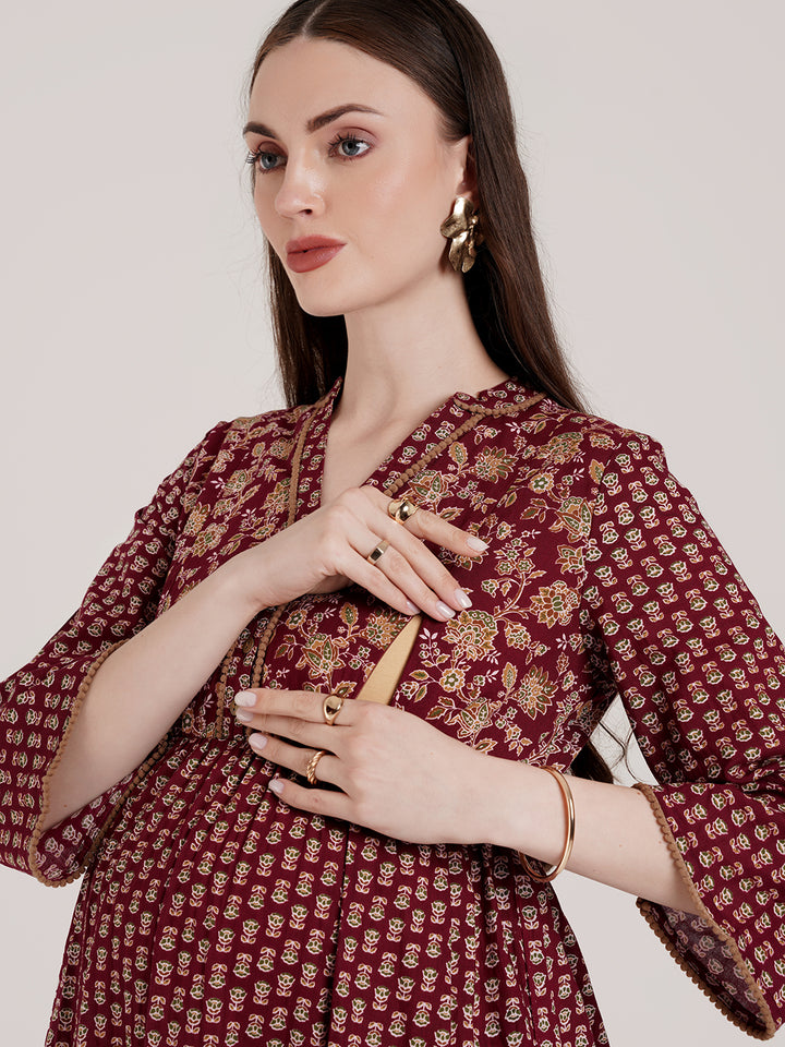Maternity Maroon Floral Dress