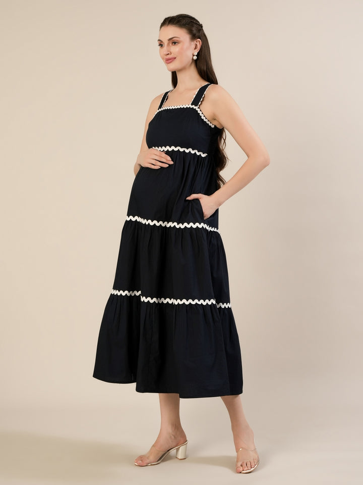 Maternity Navy Blue A-Line Sleeveless Long Dress