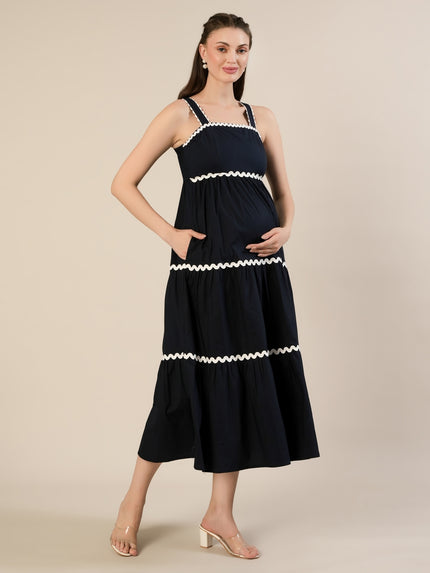 Maternity Navy Blue A-Line Sleeveless Long Dress
