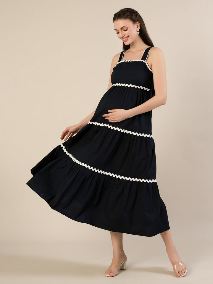 Maternity Navy Blue A-Line Sleeveless Long Dress