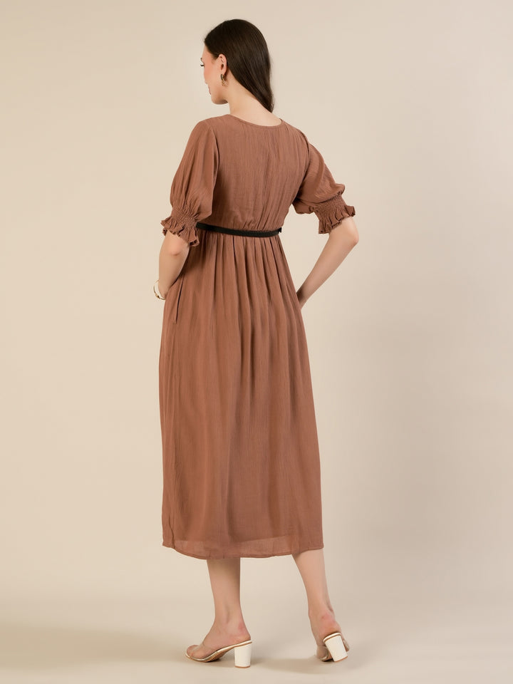 Maternity & Nursing Brown Button-Front Belted Cotton Midi Dress