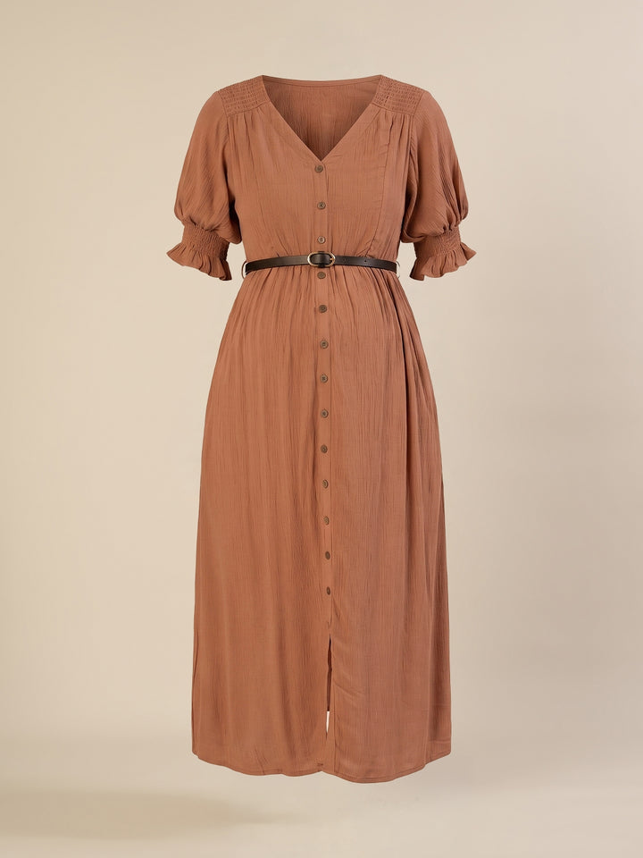 Maternity & Nursing Brown Button-Front Belted Cotton Midi Dress