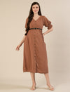 Maternity & Nursing Brown Button-Front Belted Cotton Midi Dress