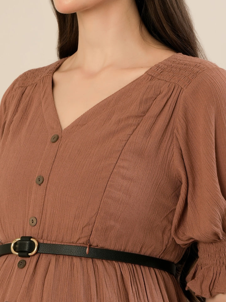 Maternity & Nursing Brown Button-Front Belted Cotton Midi Dress