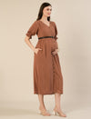 Maternity & Nursing Brown Button-Front Belted Cotton Midi Dress