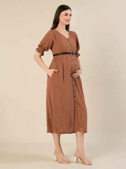 Maternity & Nursing Brown Button-Front Belted Cotton Midi Dress