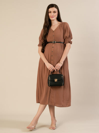 Maternity & Nursing Brown Button-Front Belted Cotton Midi Dress