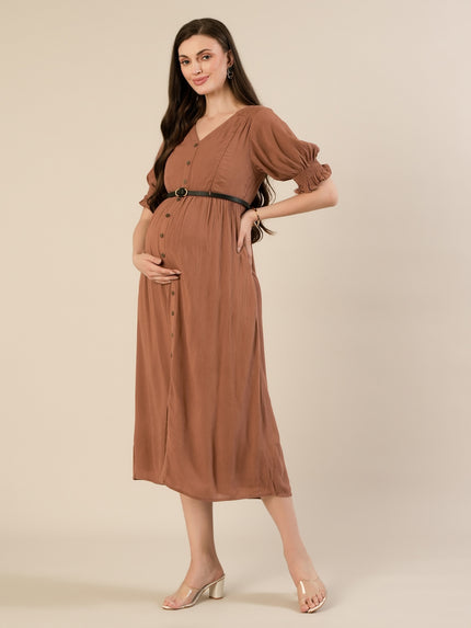 Maternity & Nursing Brown Button-Front Belted Cotton Midi Dress