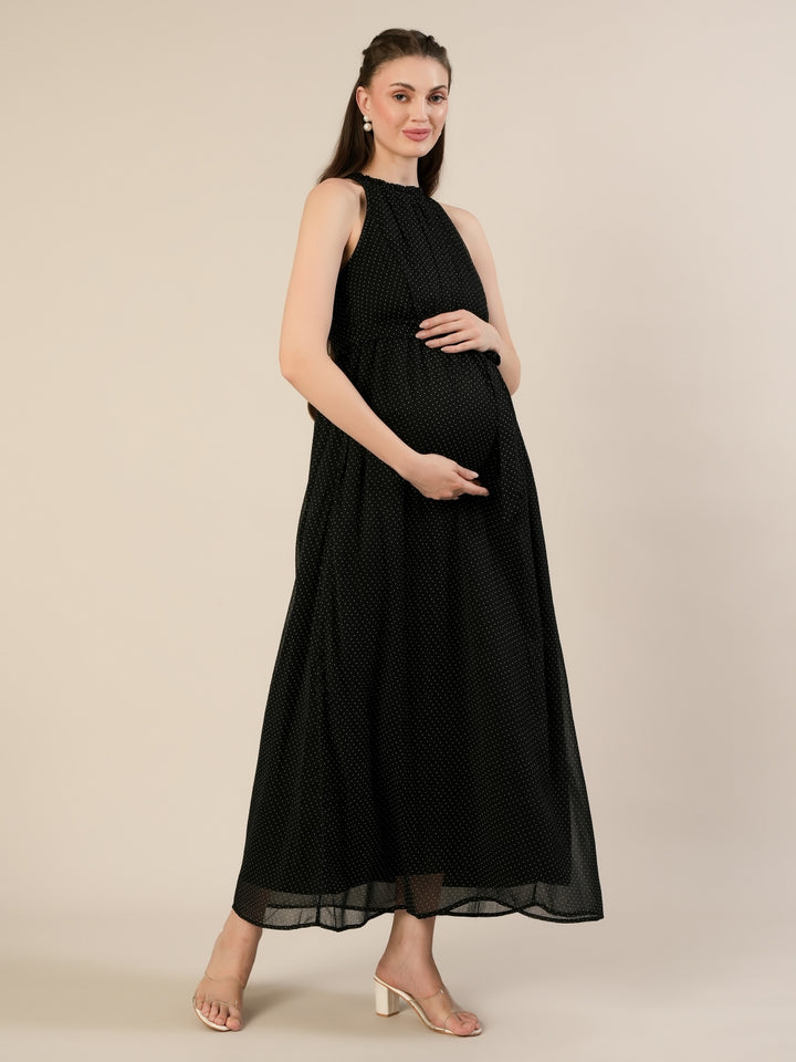 Maternity & Nursing Chiffon Black Halter Maxi Dress