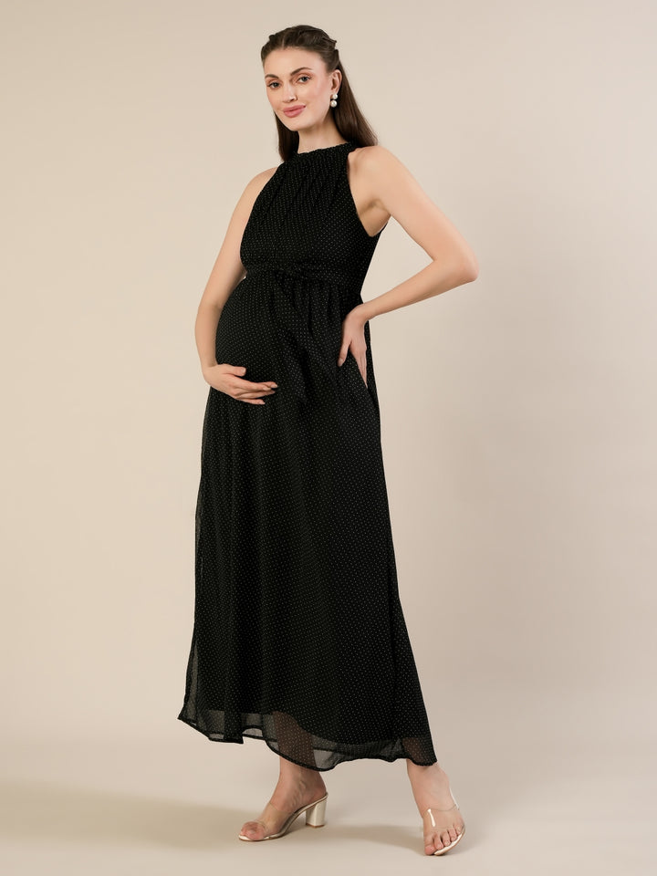 Maternity & Nursing Chiffon Black Halter Maxi Dress