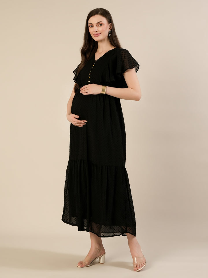 Maternity & Nursing Chiffon Dobby Black Maxi Dress