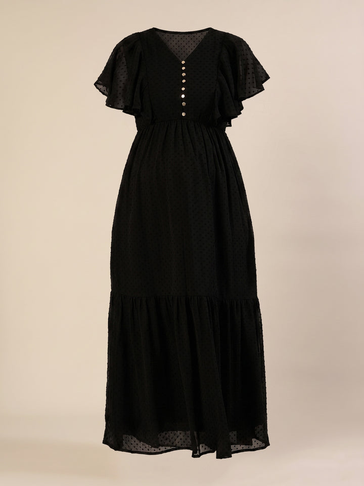 Maternity & Nursing Chiffon Dobby Black Maxi Dress