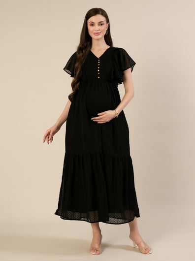 Maternity & Nursing Chiffon Dobby Black Maxi Dress
