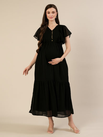 Maternity & Nursing Chiffon Dobby Black Maxi Dress