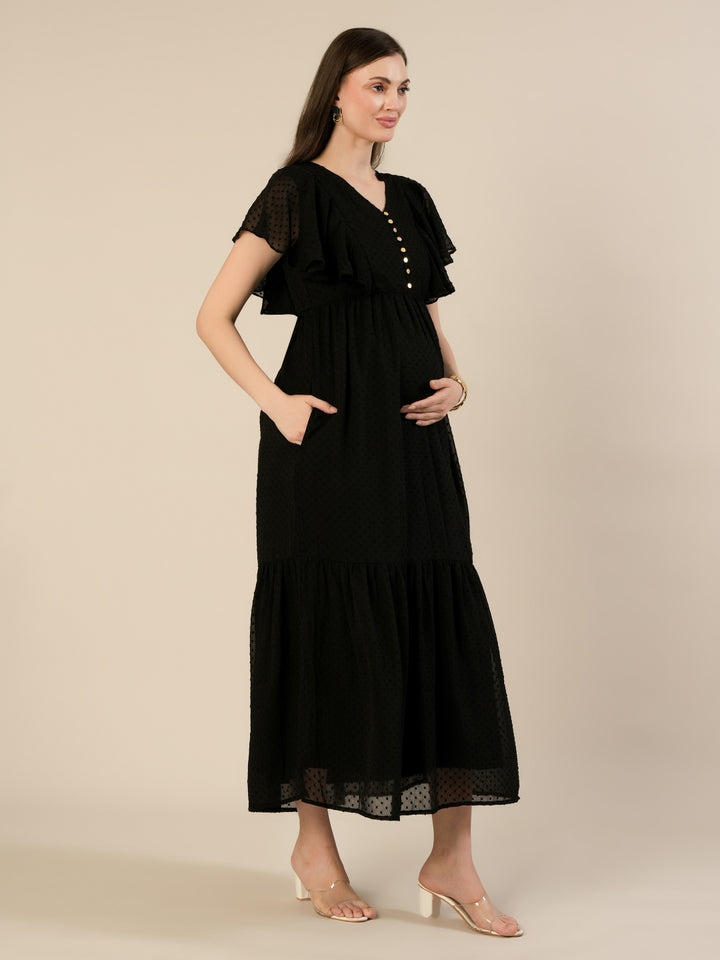 Maternity & Nursing Chiffon Dobby Black Maxi Dress