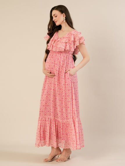 Maternity & Nursing Pink Floral Ruffle A-Line Maxi Dress