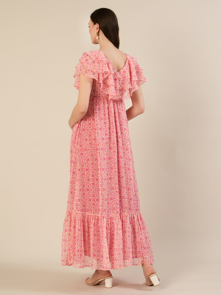 Maternity & Nursing Pink Floral Ruffle A-Line Maxi Dress