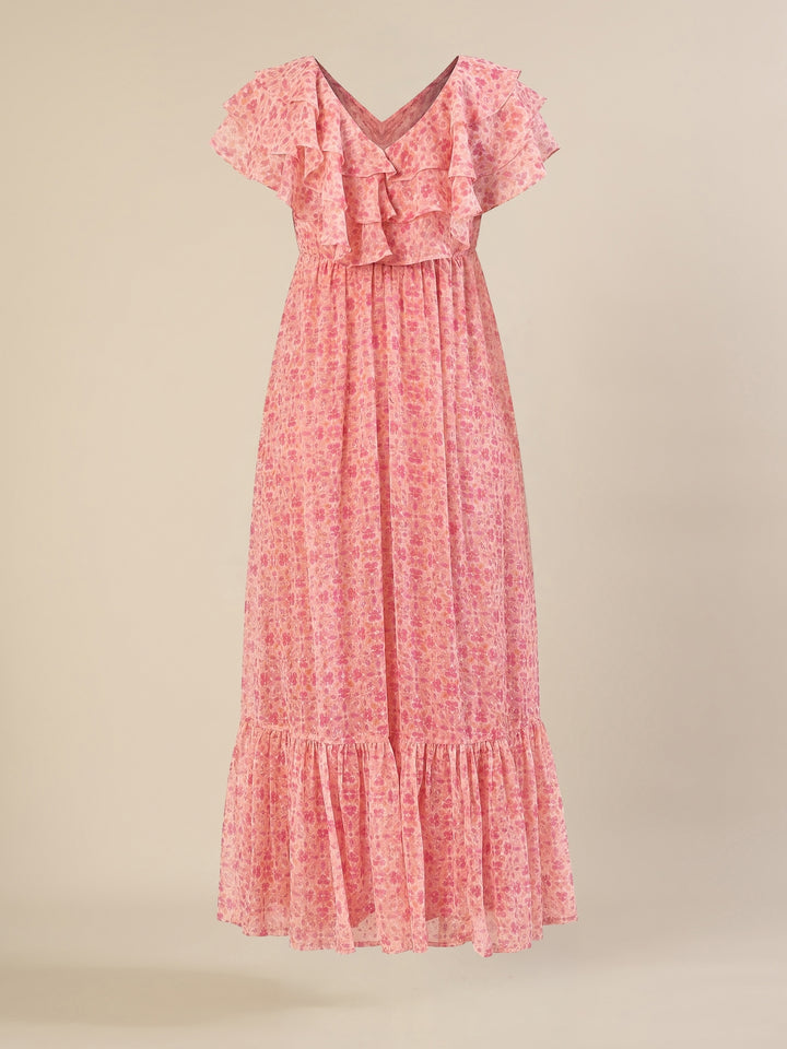 Maternity & Nursing Pink Floral Ruffle A-Line Maxi Dress