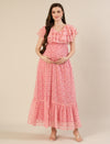 Maternity & Nursing Pink Floral Ruffle A-Line Maxi Dress