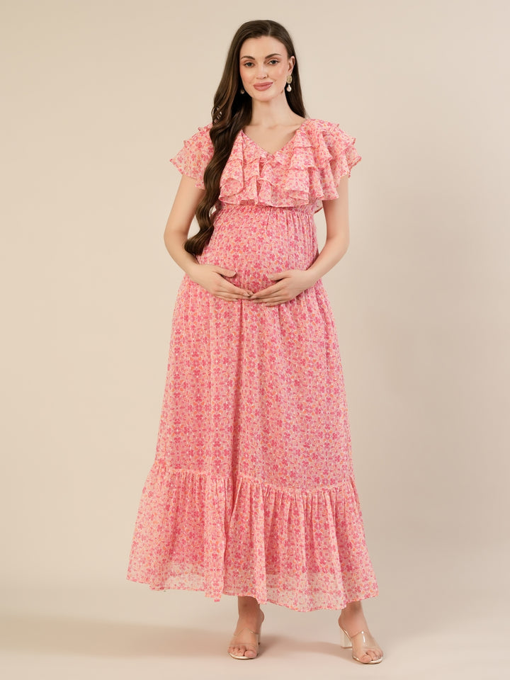 Maternity & Nursing Pink Floral Ruffle A-Line Maxi Dress