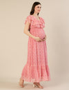 Maternity & Nursing Pink Floral Ruffle A-Line Maxi Dress